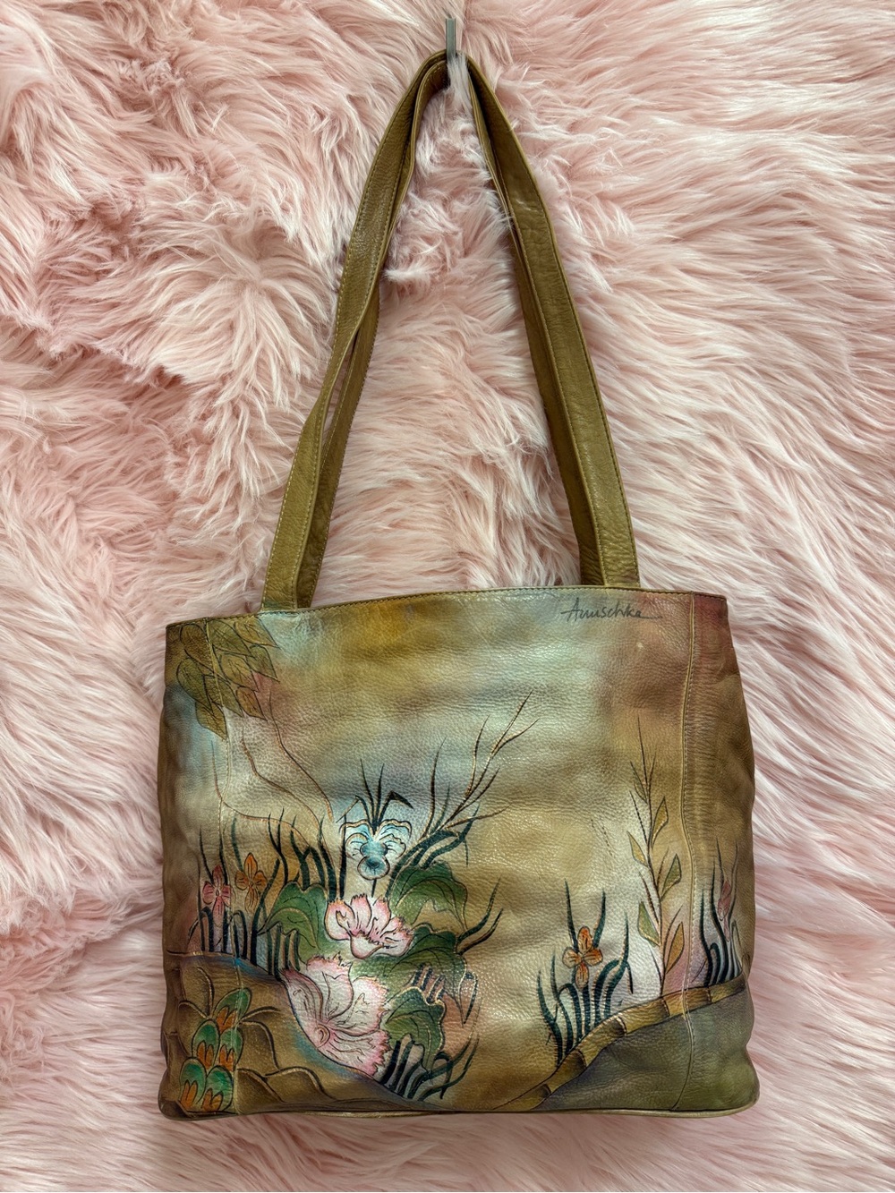 Anuschka Olive Multi Hand-Painted Floral Leather Tote